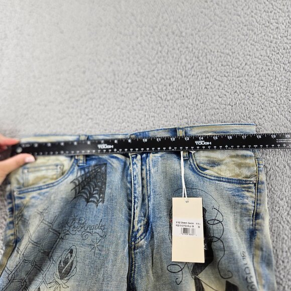 mnml X182 Stretch Denim Jeans Mens 36 Blue Los Angeles Graphic Distressed Slim - Picture 7 of 16